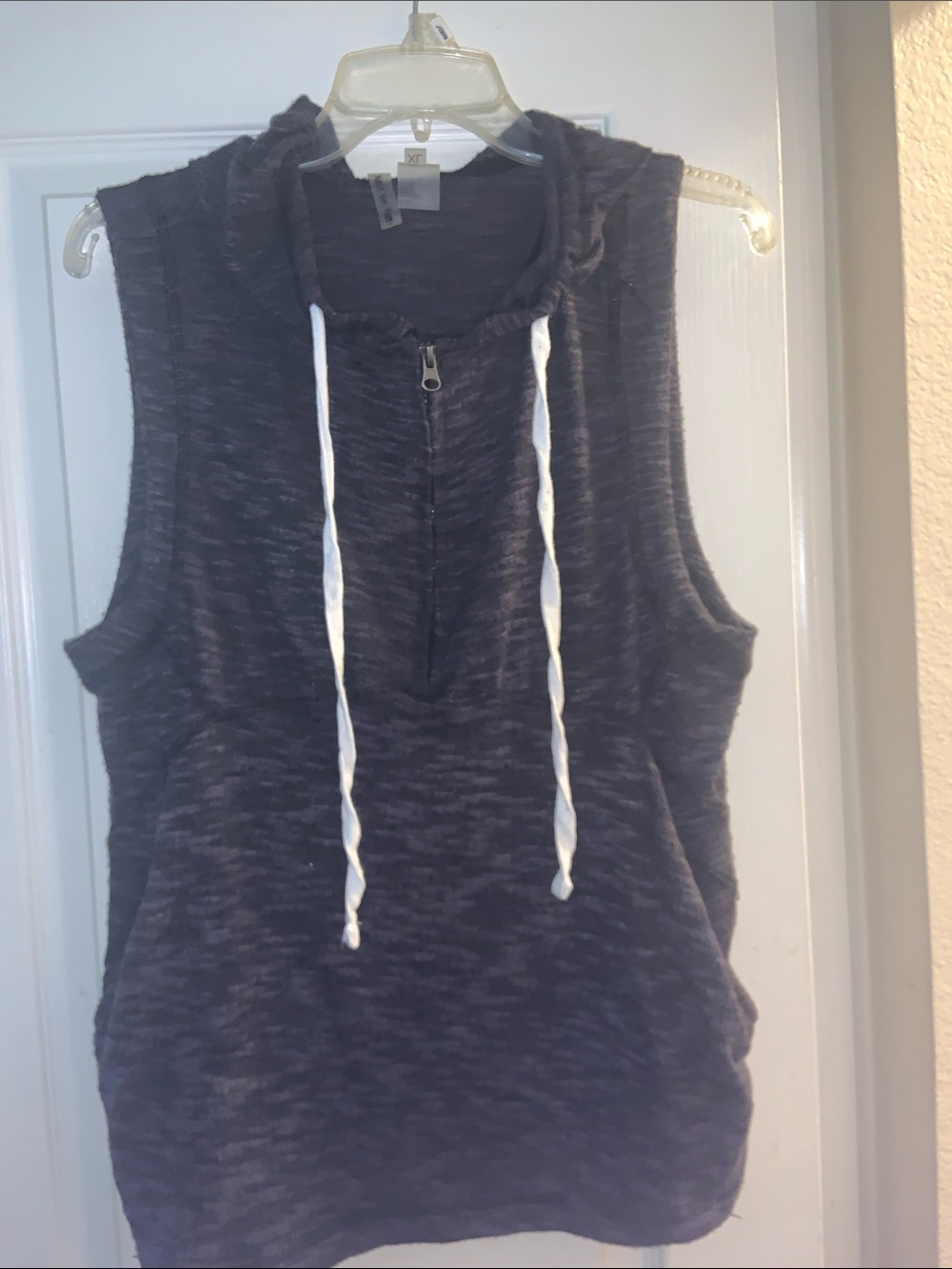just be  Free Dark Charcoal Sleeveless Hooded Pullover with White Drawstrings